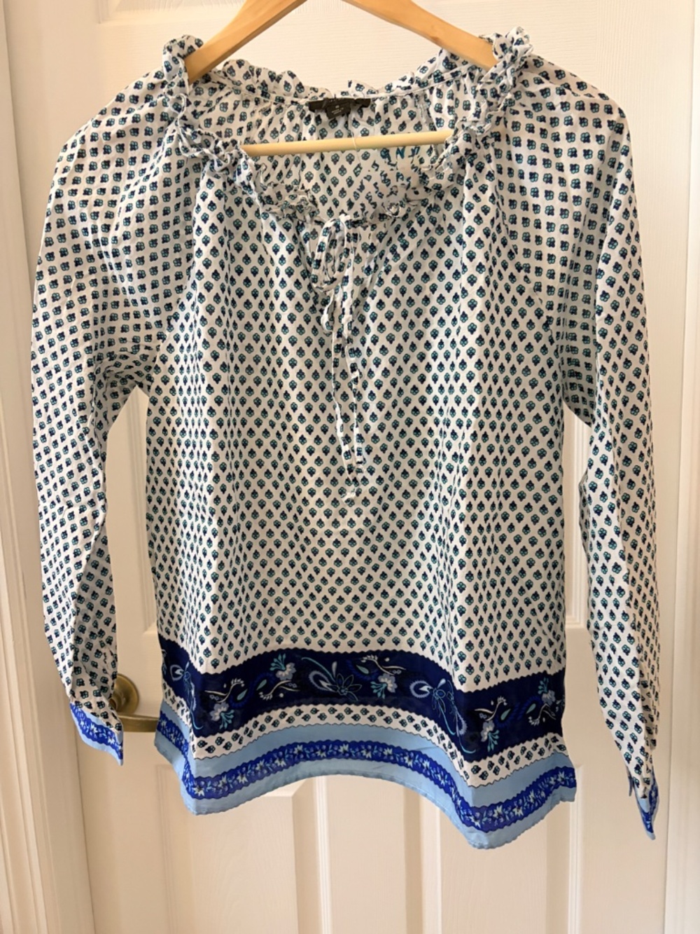 J Crew Women's Blue & White Boho Peasant with Ruffle Tie Neck - Picture 2 of 3